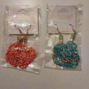 Princess Accessories Beaded Drop Earrings Set Orange & Blue With Gold Accents Li